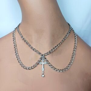Silver Peter Pan Collar Necklace with Cross & Rhinestone.